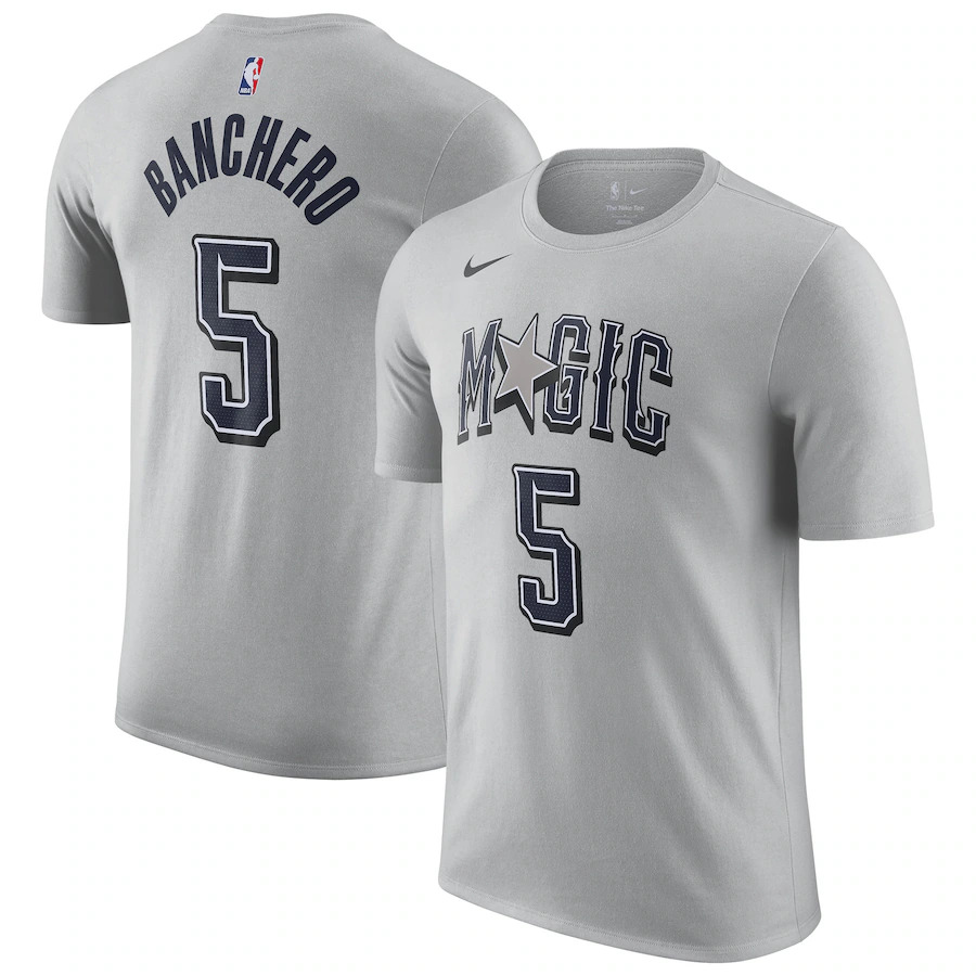 Men's Orlando Magic #5 Paolo Banchero Silver 2024/25 City Edition Name & Number T-Shirt Men's Orlando Magic #5 Paolo Banchero Silver 2024/25 City Edition Name & Number T-Shirt